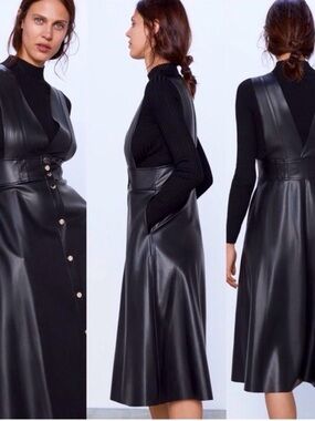 Zara Black Faux Leather Maxi Pinafore Dress with Gold Button Detail
